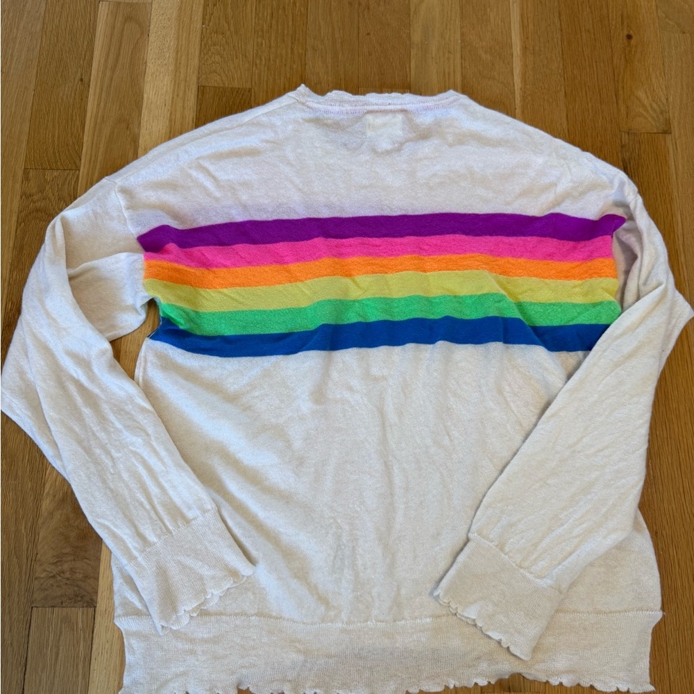 SUNDRY Rainbow Stripe Crew Neck Sweater Wool Cashmere Blend Scallop trim - Picture 8 of 9